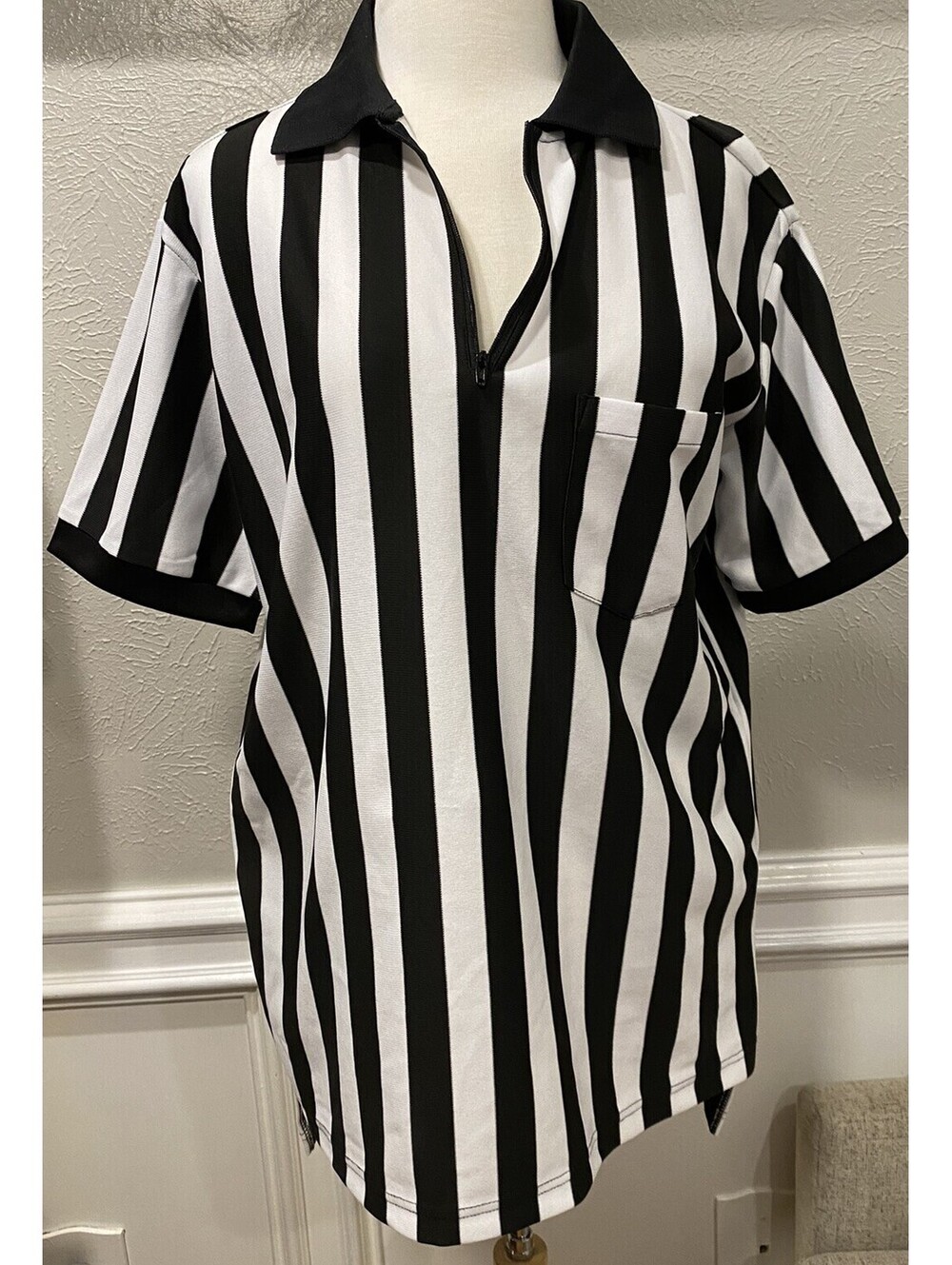 Rawlings Referee Black and White Striped Shirt Large 1/4 Zip Pocket Adult Ref
